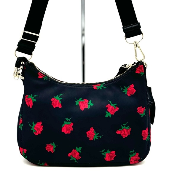 Kate Spade Chelsea Rose Toss Crossbody Bag & Coin Purse Black Multi Rose - Picture 5 of 12